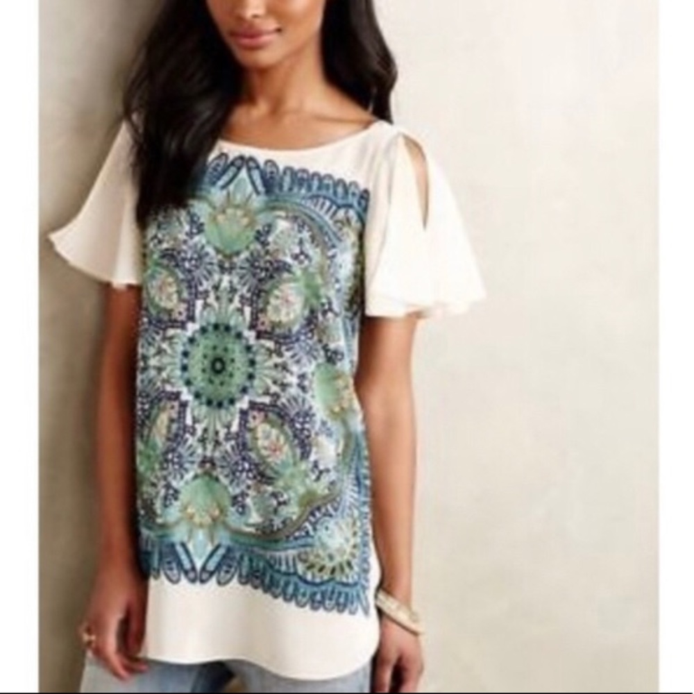 Anthro Maeve Ludovica Silk Flutter Sleeve Top